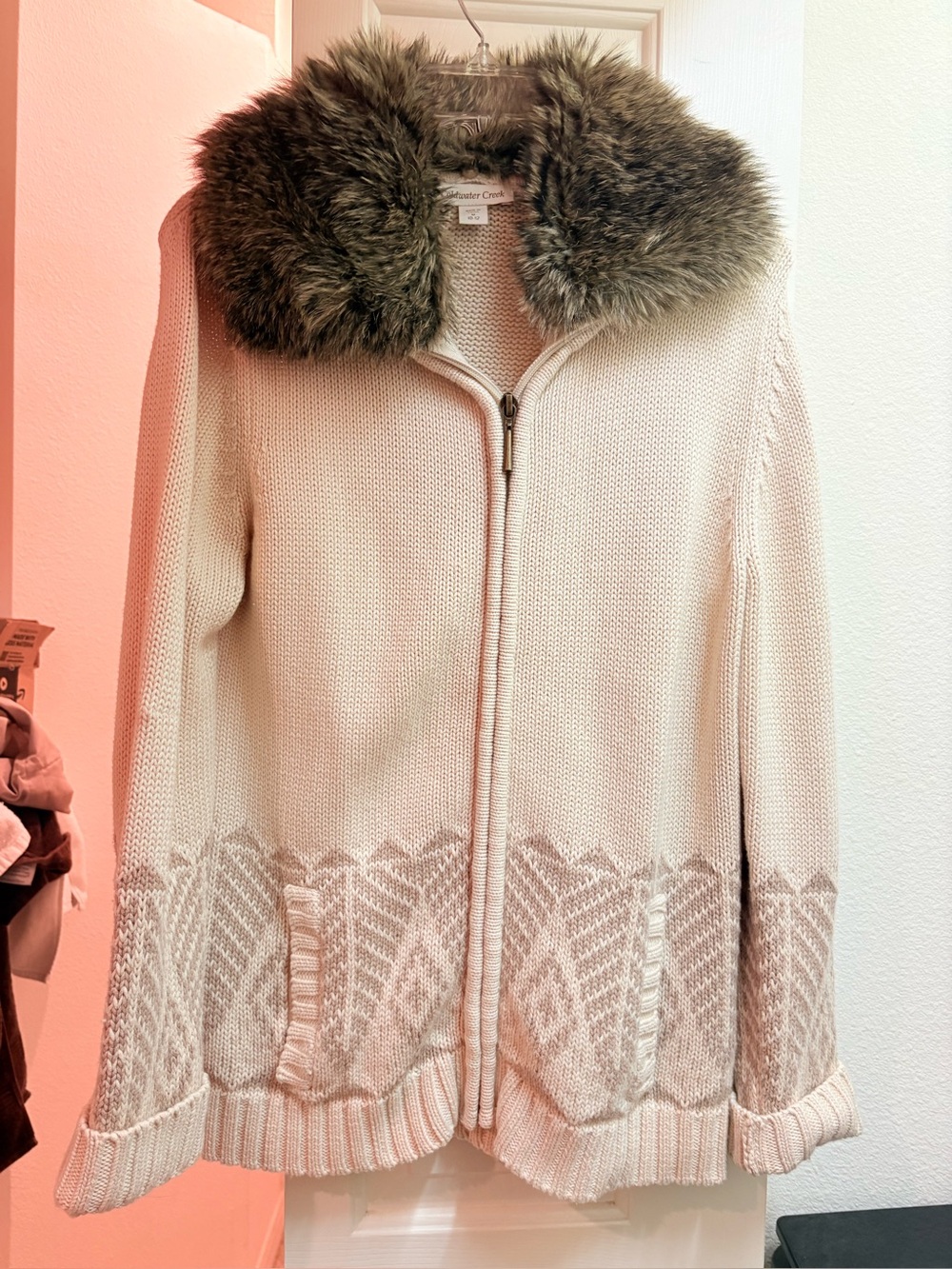 Faux-Fur Collar Cream Knit Cardigan Sweater